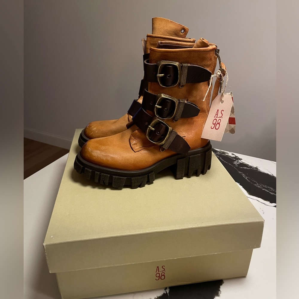 NEW A.S. 98 Hamish Honey Leather Buckle Chunky Platform Zip Up Boots EU 36